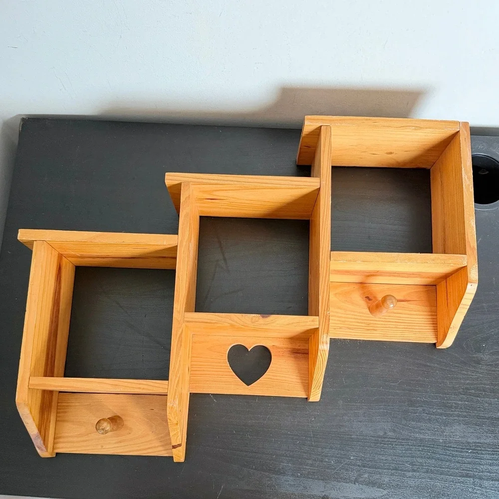 Vtg Pine Staggered Wall Shadow Box Shelf Heart Cutout 3 Tier Rustic Farmhouse